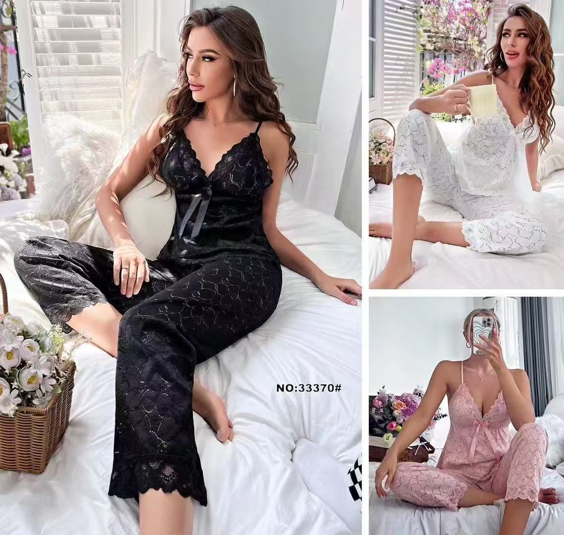 Black Net Halter Top & PJ Trouser Set with Contrasting Lace – Elegant Sleepwear Pack of 2