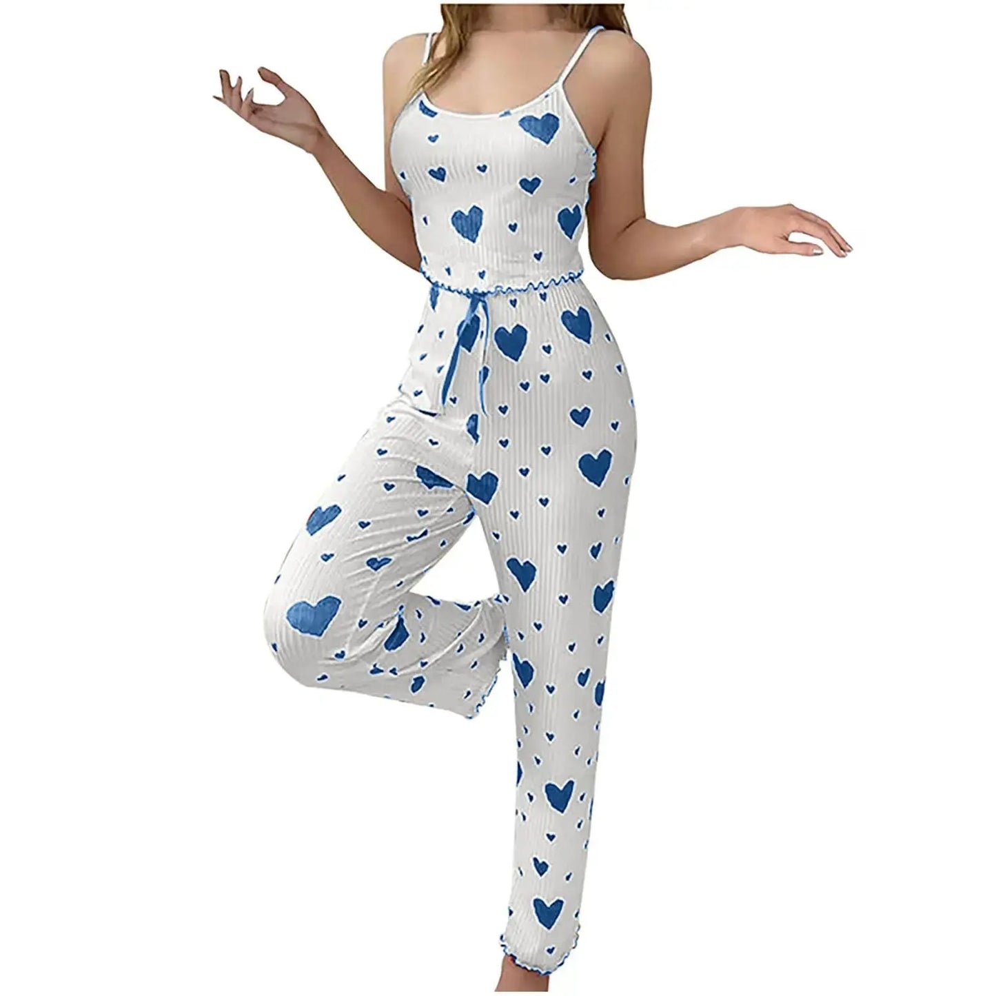 Her Rung – Romantic Heart Pattern Satin Pajama Set for Women | 2-Piece Vest & Pants