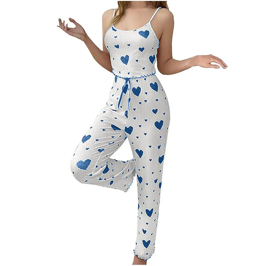 Her Rung – Romantic Heart Pattern Satin Pajama Set for Women | 2-Piece Vest & Pants
