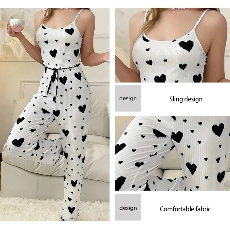 Her Rung – Romantic Heart Pattern Satin Pajama Set for Women | 2-Piece Vest & Pants