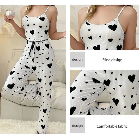 Her Rung – Romantic Heart Pattern Satin Pajama Set for Women | 2-Piece Vest & Pants