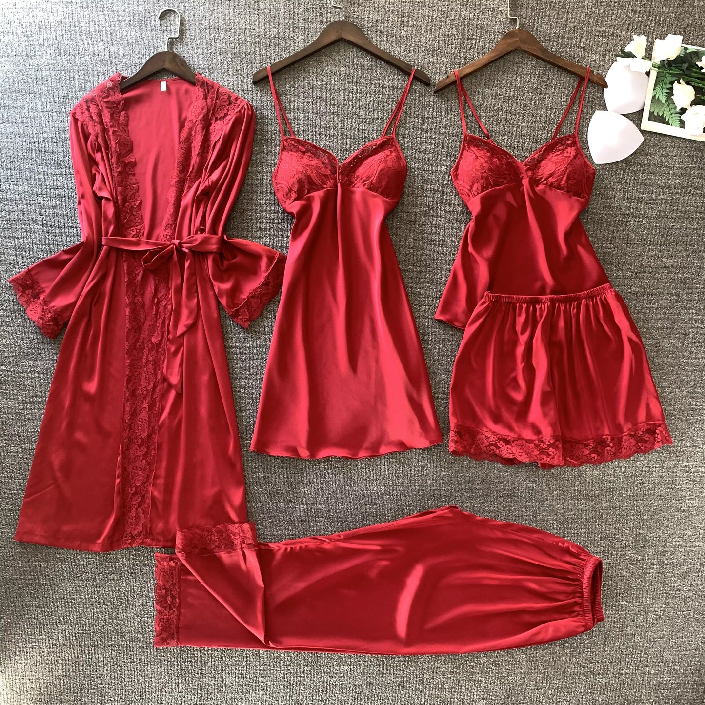 Free Size 5-Piece Lingerie & Sleepwear Set – Faux Silk Robe, Lace Nightdress, Loungewear, Pajama