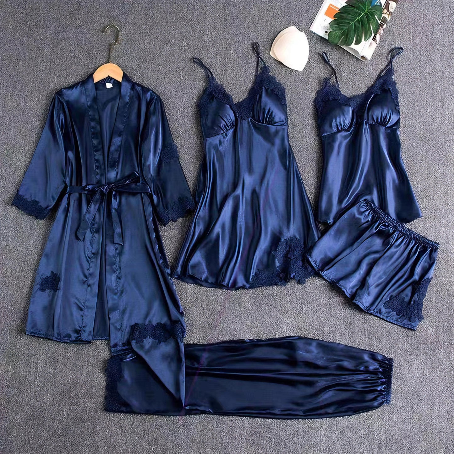 Free Size 5-Piece Lingerie & Sleepwear Set – Faux Silk Robe, Lace Nightdress, Loungewear, Pajama