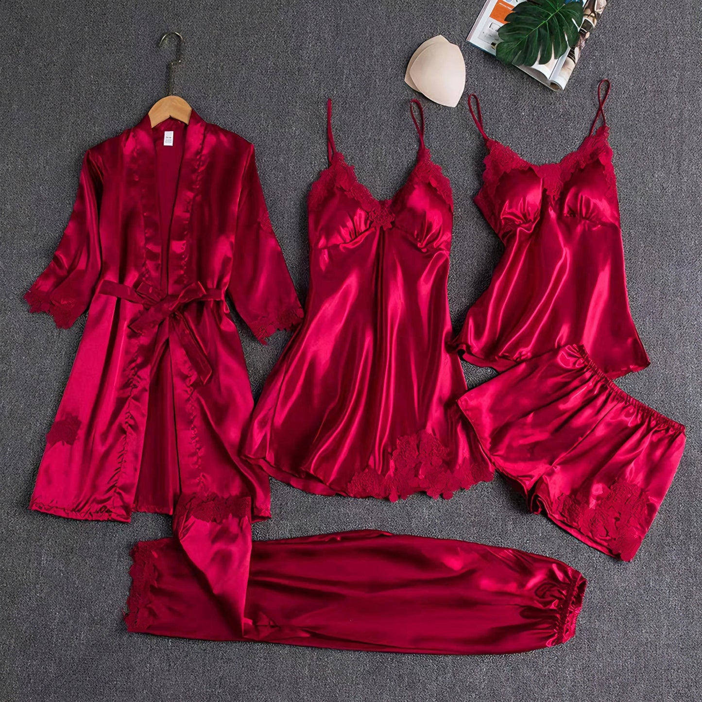 Free Size 5-Piece Lingerie & Sleepwear Set – Faux Silk Robe, Lace Nightdress, Loungewear, Pajama
