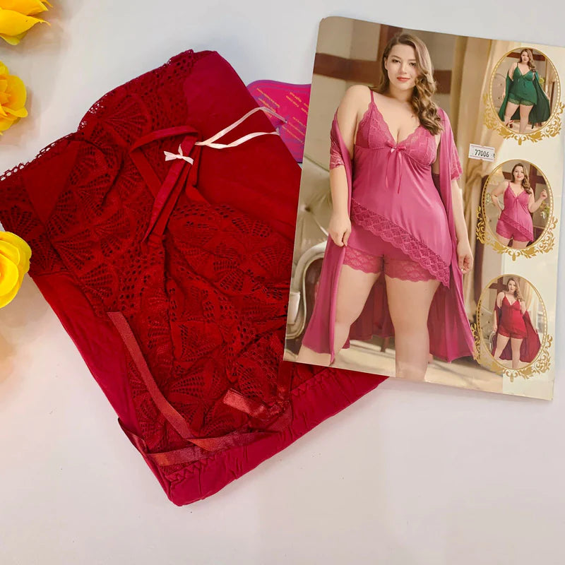 Free Size 3 Piece Silk Bridal Sleepwear Nighty Set – Soft & Relaxing Top & Bottom