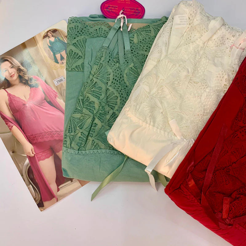 Free Size 3 Piece Silk Bridal Sleepwear Nighty Set – Soft & Relaxing Top & Bottom