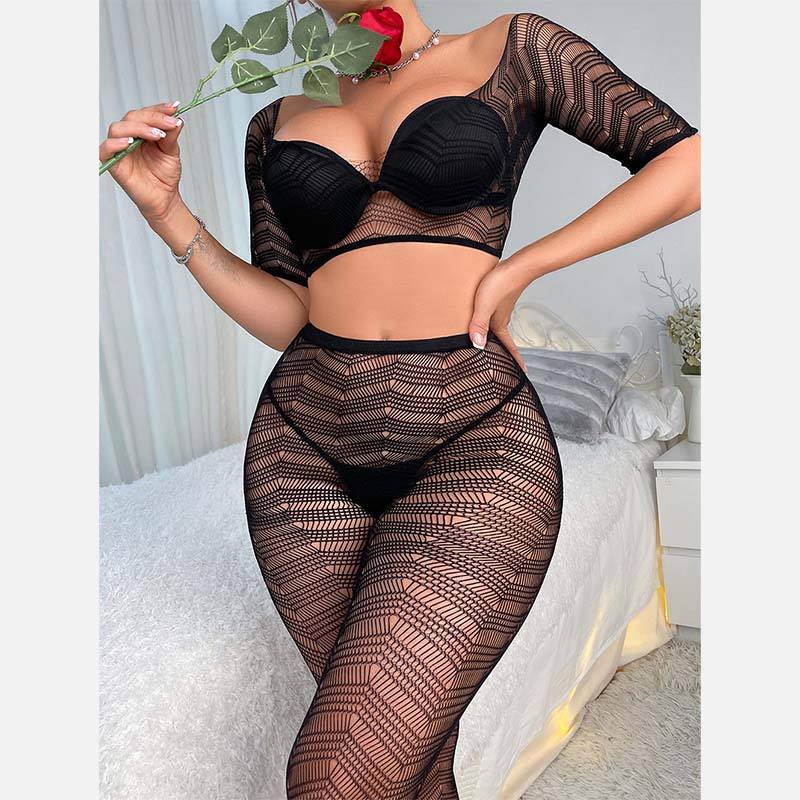 Valentine's Day & Sexy Stocking Lingerie Set – Hollow Out Mesh Net Top & Pantyhose Set