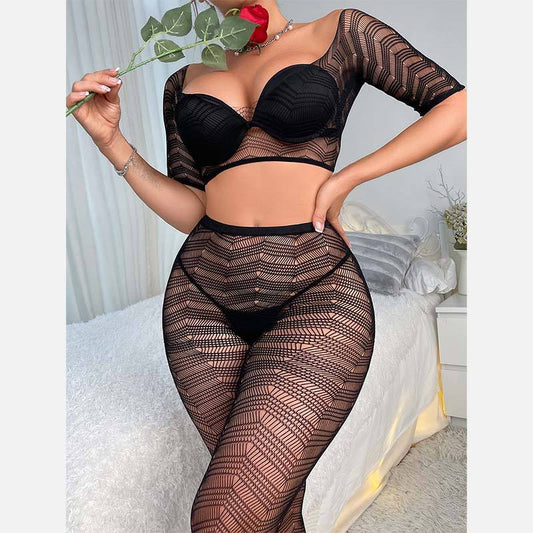 Valentine's Day & Sexy Stocking Lingerie Set – Hollow Out Mesh Net Top & Pantyhose Set