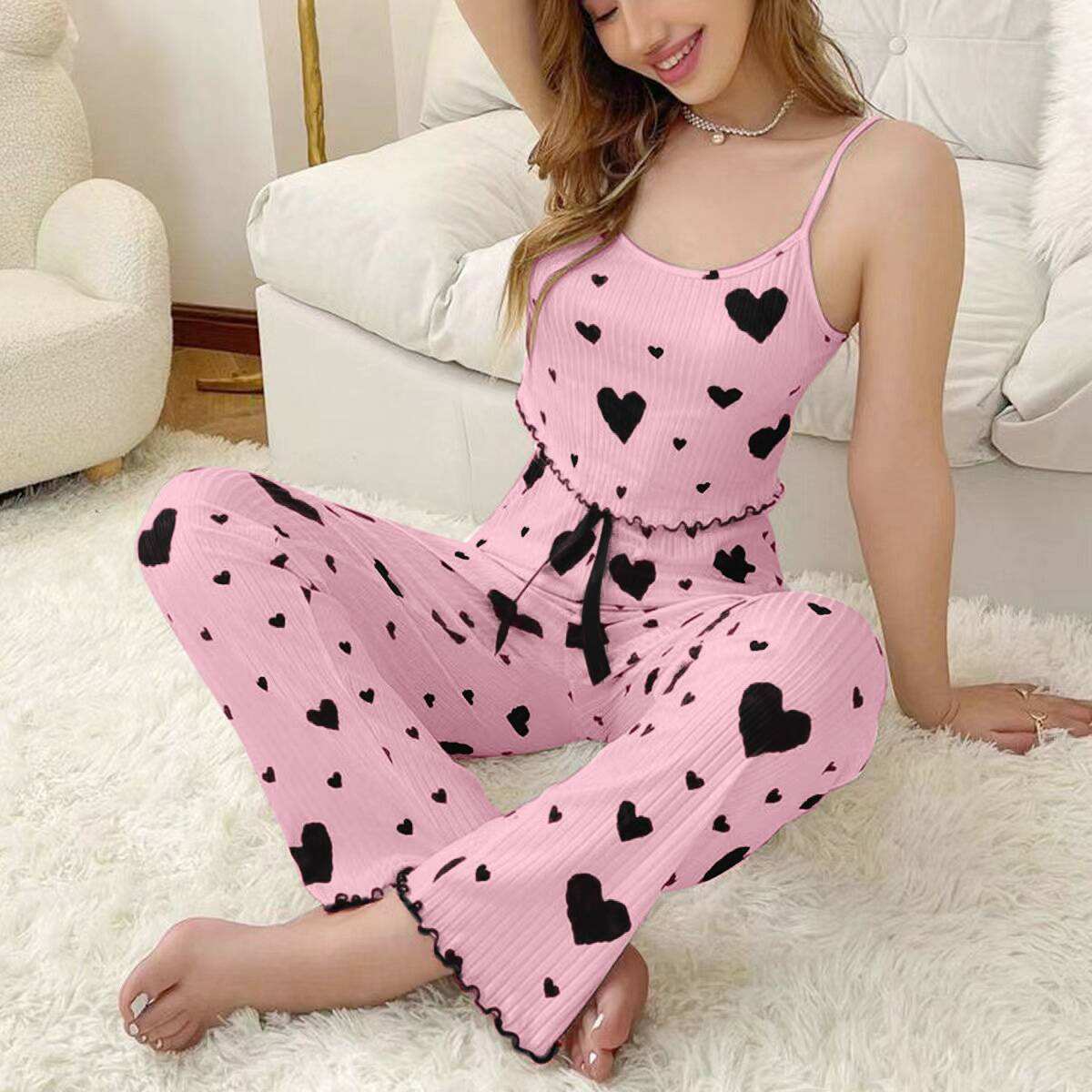 Her Rung – Romantic Heart Pattern Satin Pajama Set for Women | 2-Piece Vest & Pants