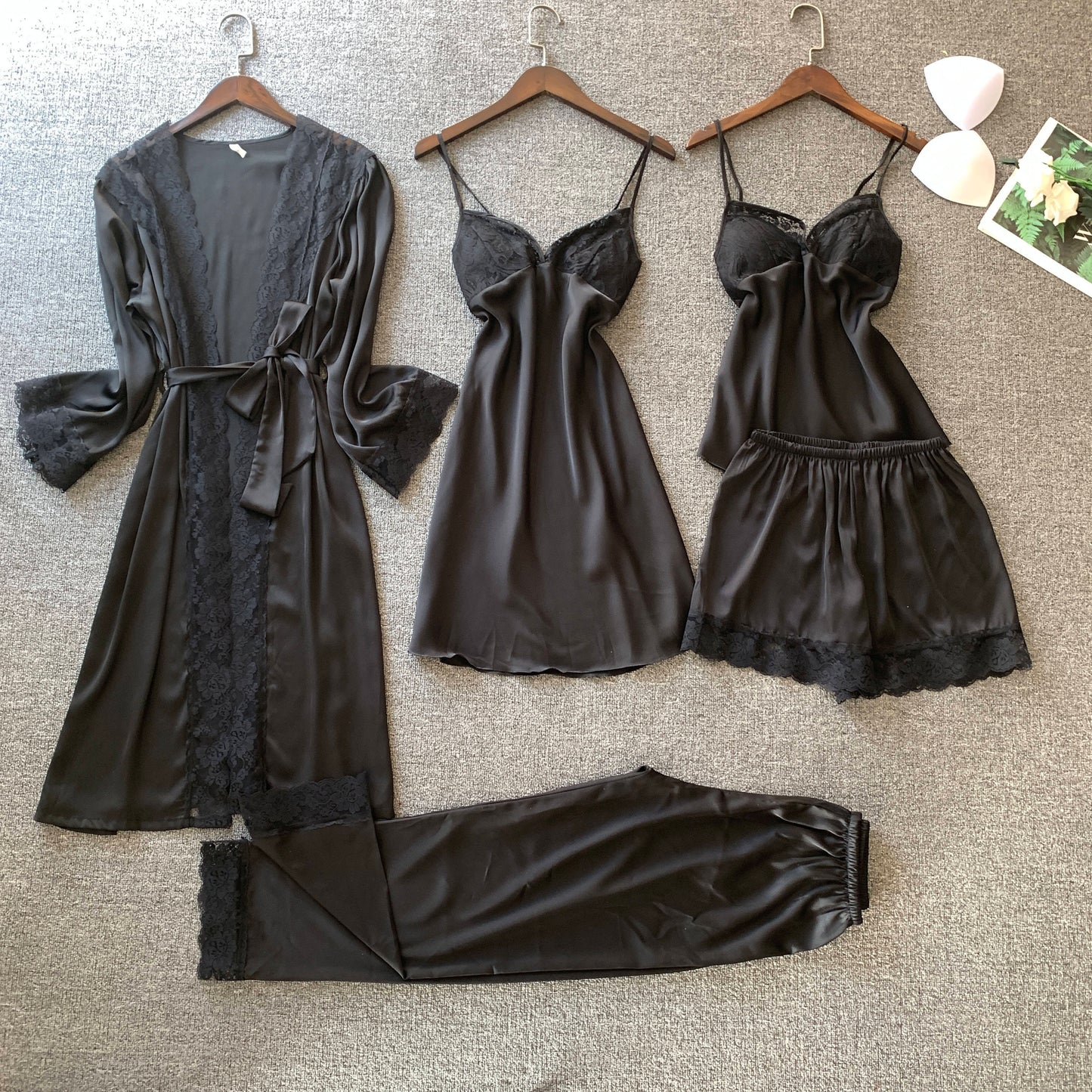 Free Size 5-Piece Lingerie & Sleepwear Set – Faux Silk Robe, Lace Nightdress, Loungewear, Pajama