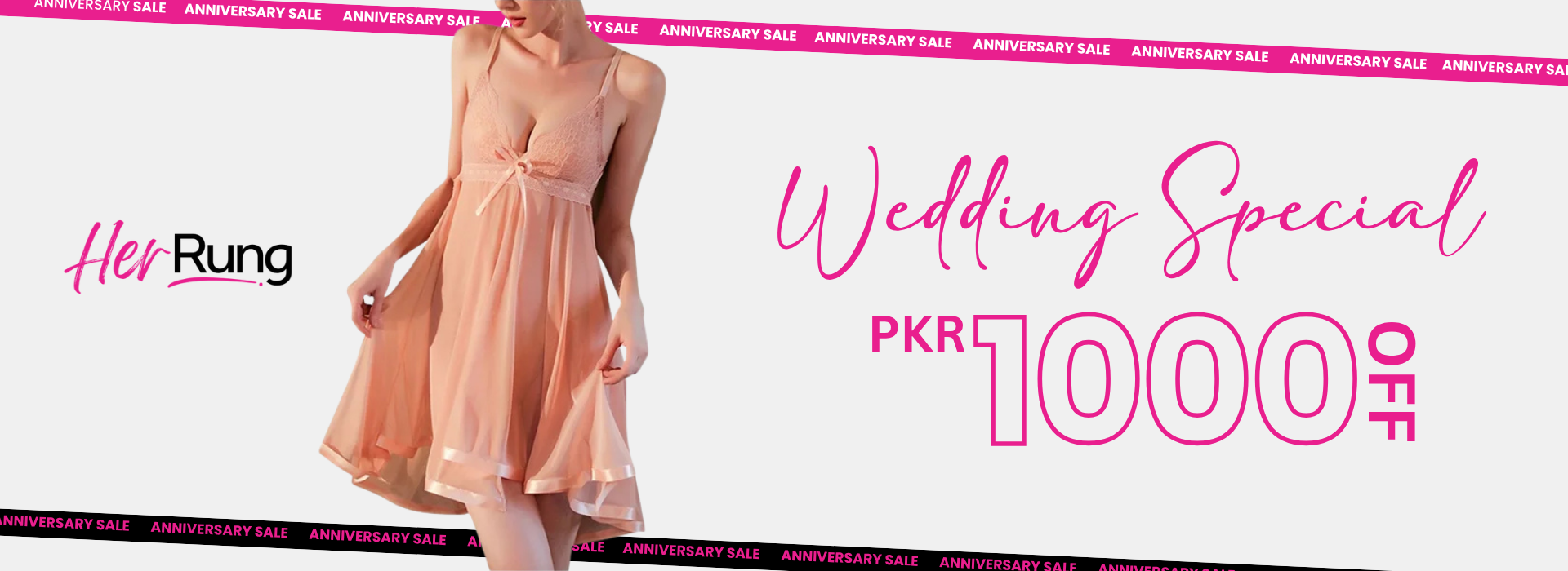 Woman in a peach dress with promotional text for 'Her Rung' on a white background